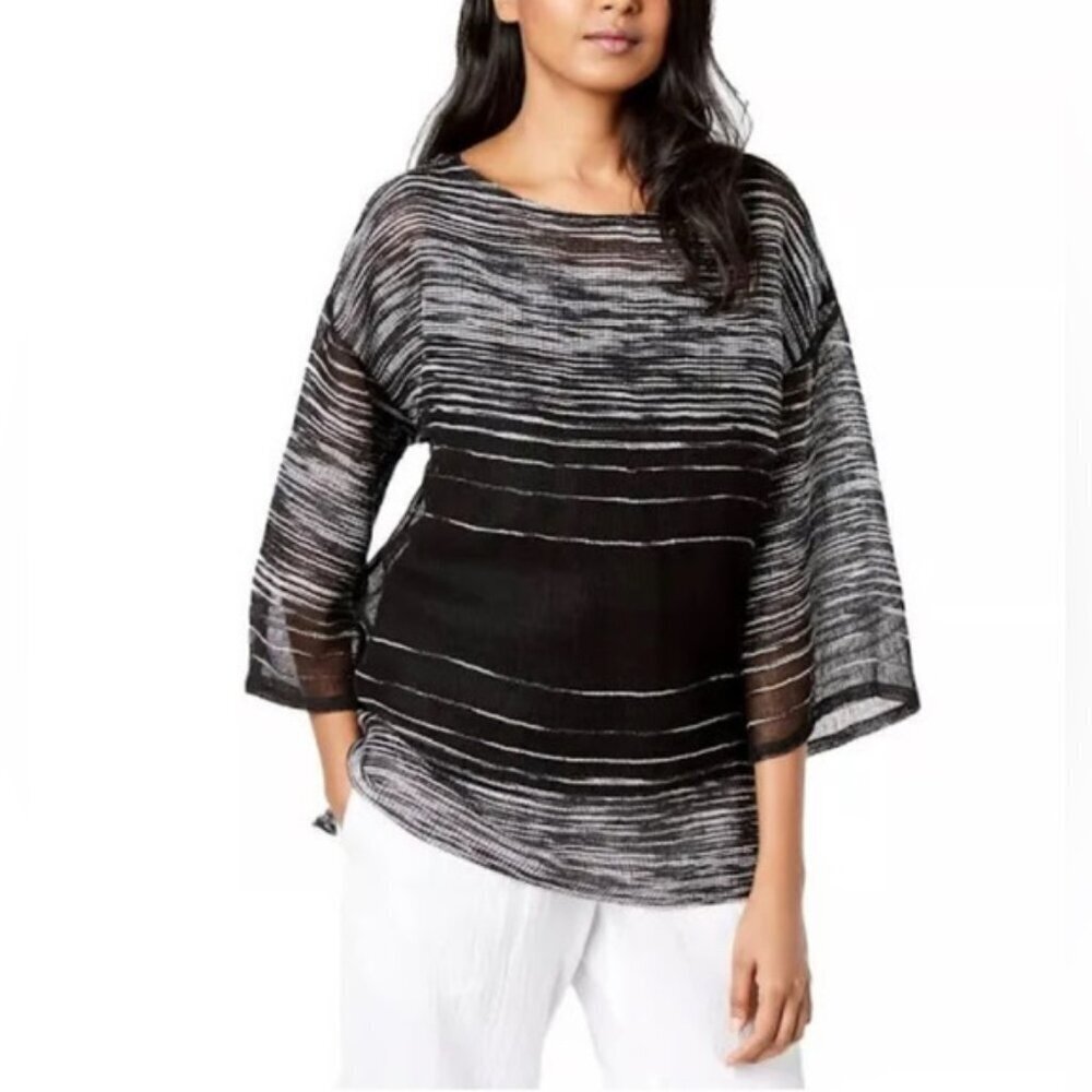 Eileen Fisher Black Illusion Mesh Bateau Neck Linen Blend Top Size XL